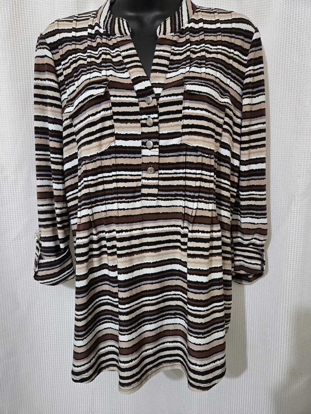 Striped Button Front Tunic Top - Neutral Stripes